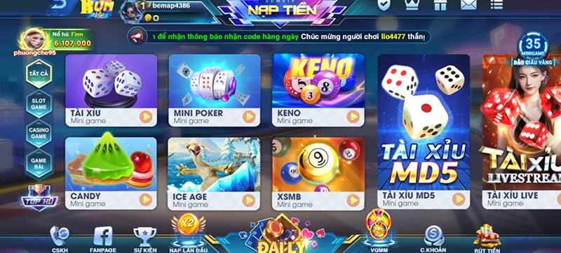 Ở giao diện chính của cổng game chọn Nạp Tiền